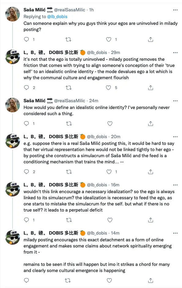 A screenshot of a twitter thread/conversation. The conversation details a discussion of the nature of one&#x27;s ego attachment to their posting as a pseudonymous collective.