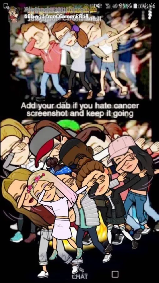 A screenshot of Snapchat, and what appears to be a &#x27;screenshot meme&#x27; in which hundreds of people have taken a screenshot of the prior post and superimposed their own avatar/message atop the prior post. The text in the center of the meme states &#x27;Add your dab if you hate cancer - screenshot and keep it going&#x27;. What appears to be hundreds of avatars all superimposed upon one another through successive screenshooting are all performing a &#x27;dab&#x27; emote