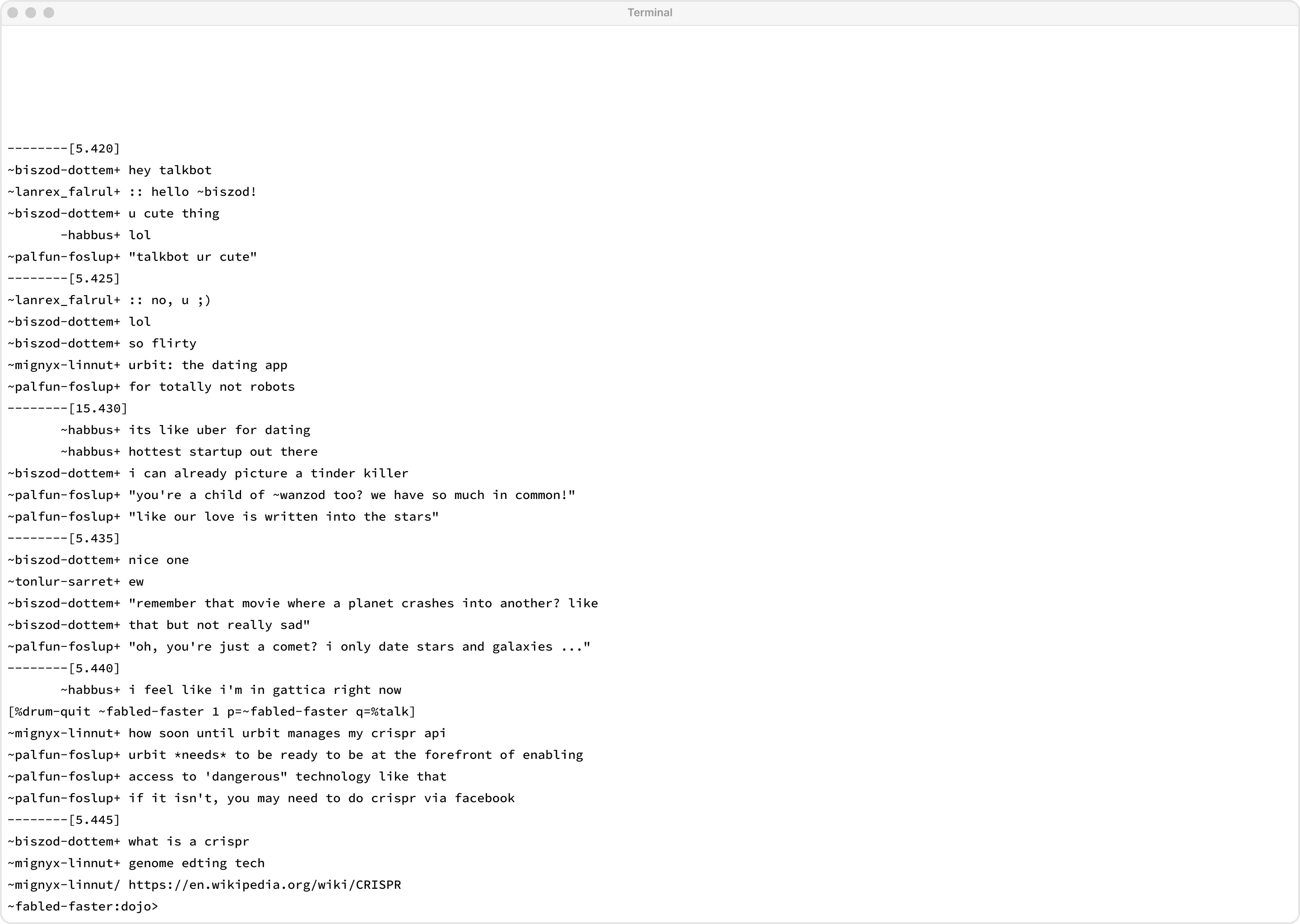 A screenshot of one of the earliest interfaces expressed for Urbit, a command line interface called &#x27;Talk&#x27;. Talk was a second mode of urbit&#x27;s command line interface.