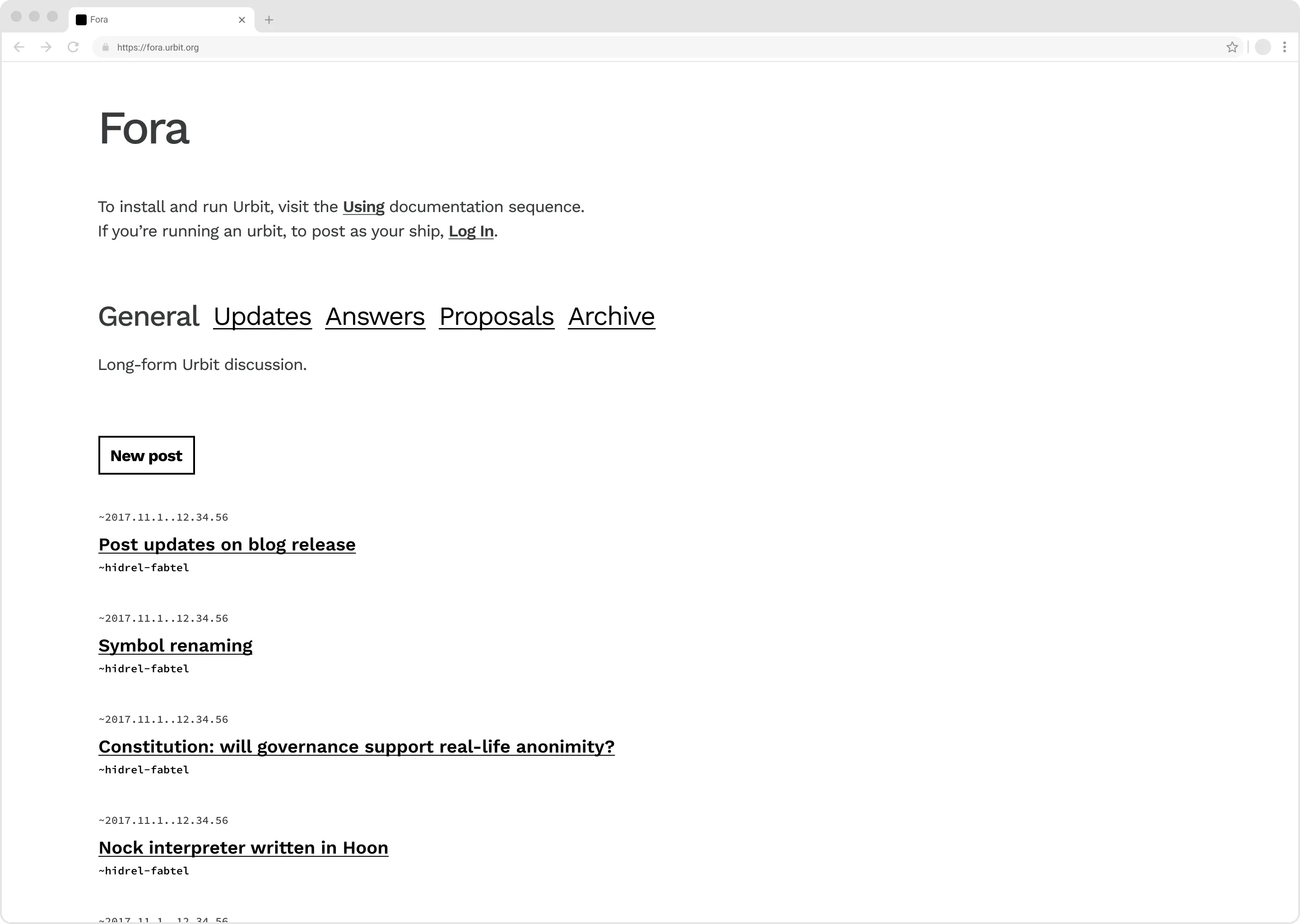 A screenshot of &#x27;Fora&#x27;, and old forum software, and one of Urbit&#x27;s first web interfaces.