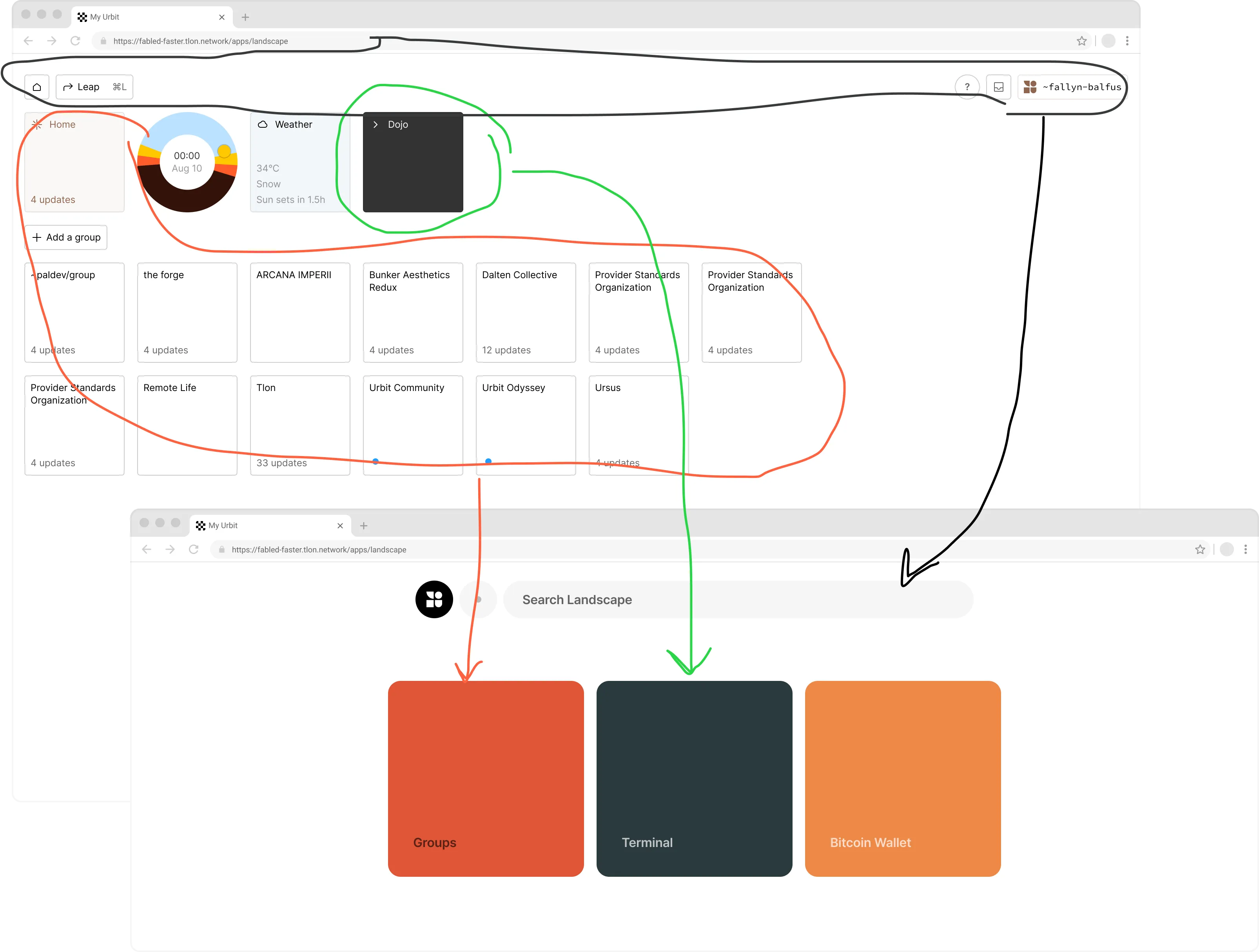 Using color-coded arrows and circles, this sketch indicates which parts of OS2 were recontextualized to become the next iteration of our flagship interface, nicknamed &#x27;Grid&#x27;.